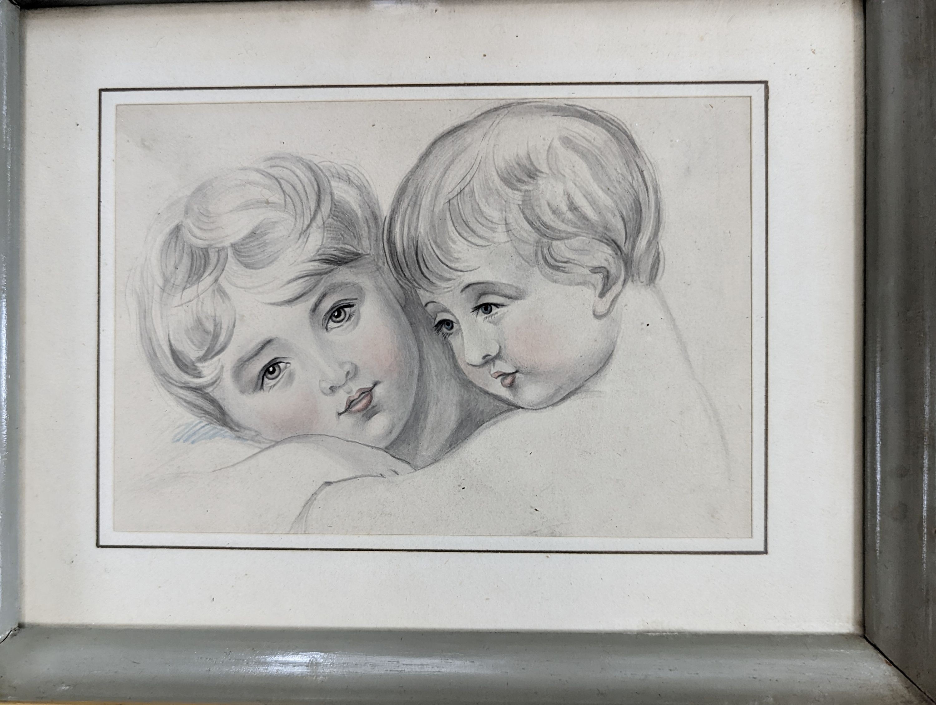 Victorian School, pair of oils on board, Studies of a 17th century lady and gentleman, 10 x 8cm and a watercolour sketch of two children, 10 x 15cm